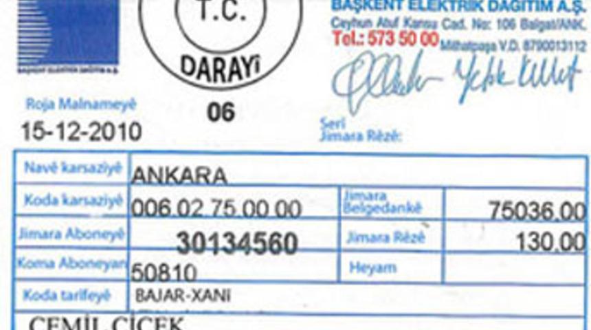Cemil &Ccedil;i&ccedil;ek'e K&uuml;rt&ccedil;e elektrik faturası