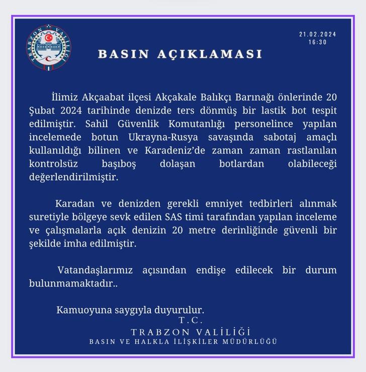 Trabzon açıklarında şüpheli tekne alarmı! SAS'lar imha etti, Valilik'ten açıklama G4