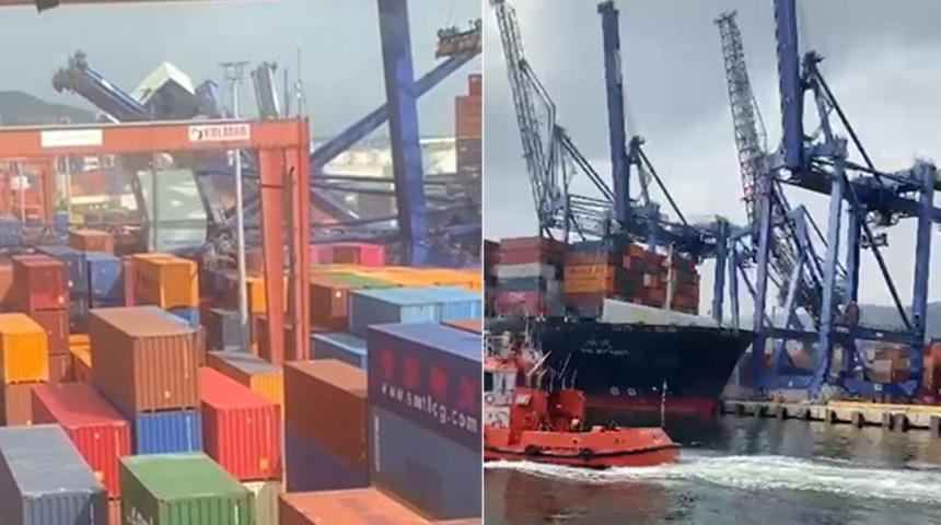 Kocaeli'de gemi kazası: Vinçler domino taşı gibi devrildi! Olay anı kamerada