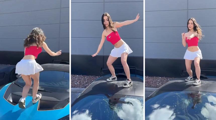 Lüks spor arabanın üzerine çıkıp dans etti! Ne ön camı kaldı ne de tavanı... Sosyal medyadan yorum yağdı