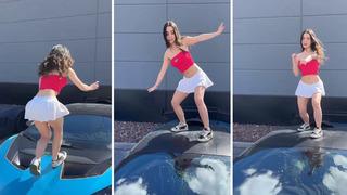 Lüks spor arabanın üzerine çıkıp dans etti! Ne ön camı kaldı ne de tavanı... Sosyal medyadan yorum yağdı