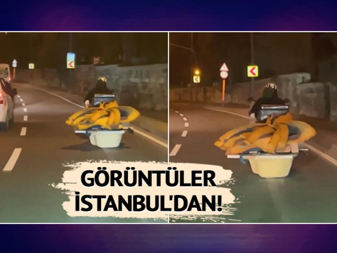 Bu g&ouml;r&uuml;nt&uuml;ler İstanbul'dan: Motosikletin arkasına banyo k&uuml;veti bağladı, eşya taşıdı! "B&ouml;yle bir sa&ccedil;malık yok"