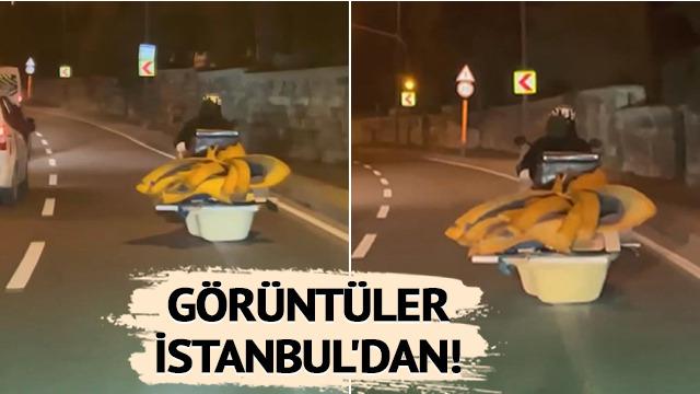 Bu görüntüler İstanbul'dan: Motosikletin arkasına banyo küveti bağladı, eşya taşıdı! Böyle bir saçmalık yok