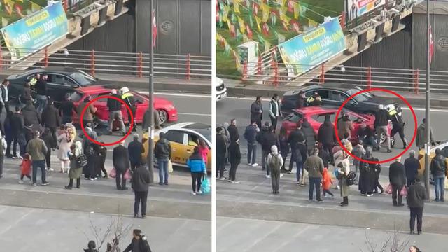 Polislerin üzerine otomobil sürdü, ortalık bir anda karıştı! Korku dolu anlar kamerada