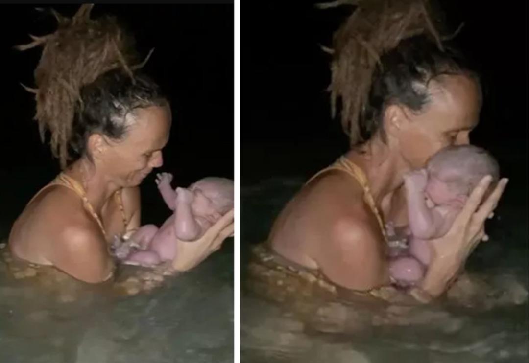 Hi&ccedil;bir tıbbi yardım almadan okyanusun ortasında kendi kendisine doğum yaptı! Sosyal medyada g&uuml;ndem yaratmayı başadı