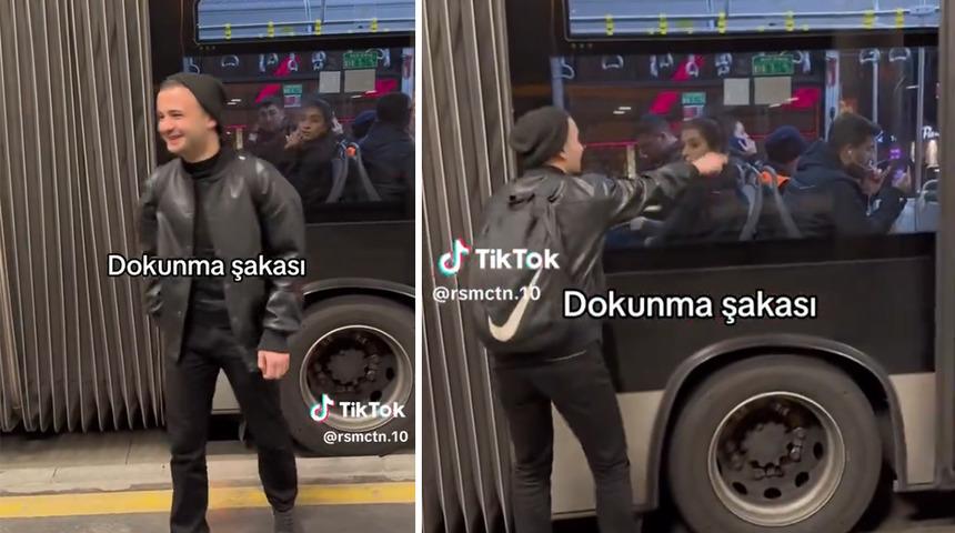 Otobüs yolcularına yaptığı 'dokuma şakası' izleyenleri güldürdü! Heyecanlı heyecanlı arkasındaki adama dokunmasını istedi ama...