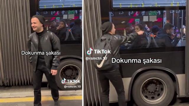 Otobüs yolcularına yaptığı 'dokuma şakası' izleyenleri güldürdü! Heyecanlı heyecanlı arkasındaki adama dokunmasını istedi ama...