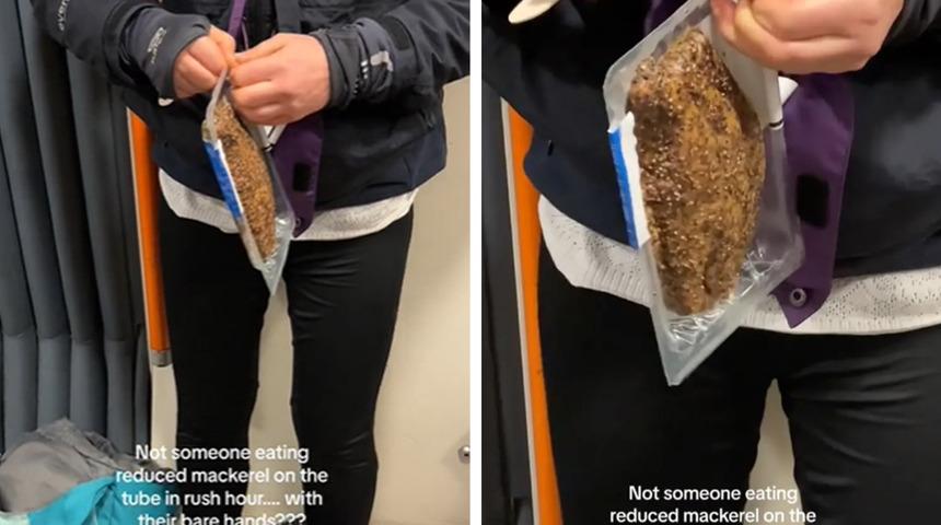 Hareket halindeki trende tepki çeken anlar! Bir anda paketini ağzını açıp yemeye başladı... Kimse kokudan duramadı