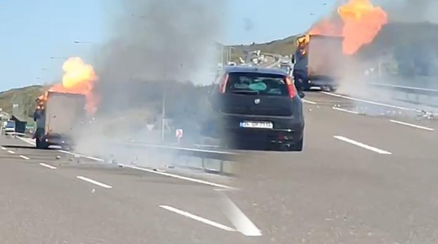 TIR alevler içinde kilometrelerce ilerledi! Kuzey Marmara Otoyolu korku dolu anlar