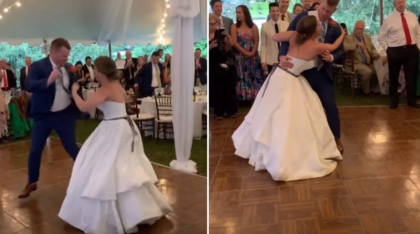 Gelin ve damadın ilk dansı korkunç bir şekilde bitti! Kendisini dansa kaptıran gelinin dizi çıkınca hastanelik oldu
