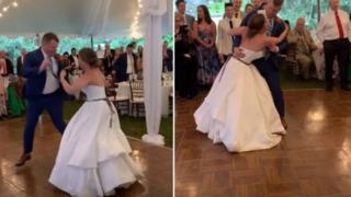 Gelin ve damadın ilk dansı korkunç bir şekilde bitti! Kendisini dansa kaptıran gelinin dizi çıkınca hastanelik oldu