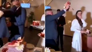 Düğünde gelin ve damada pasta fırlatarak şaka yapmak istedi! İşler bir anda kontrolden çıktı
