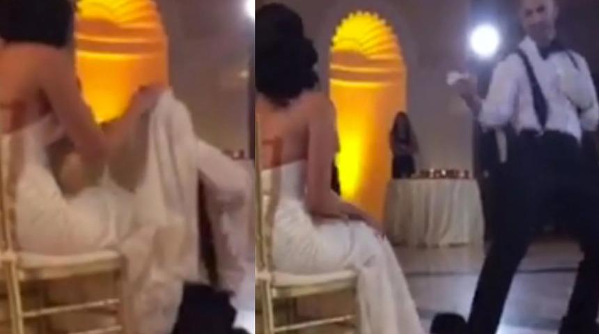 Düğün davetlilerini şaşkına çeviren düğün dansı! Damat önce gelinin karşısında dans etti ardından eteğini açıp gözden kayboldu