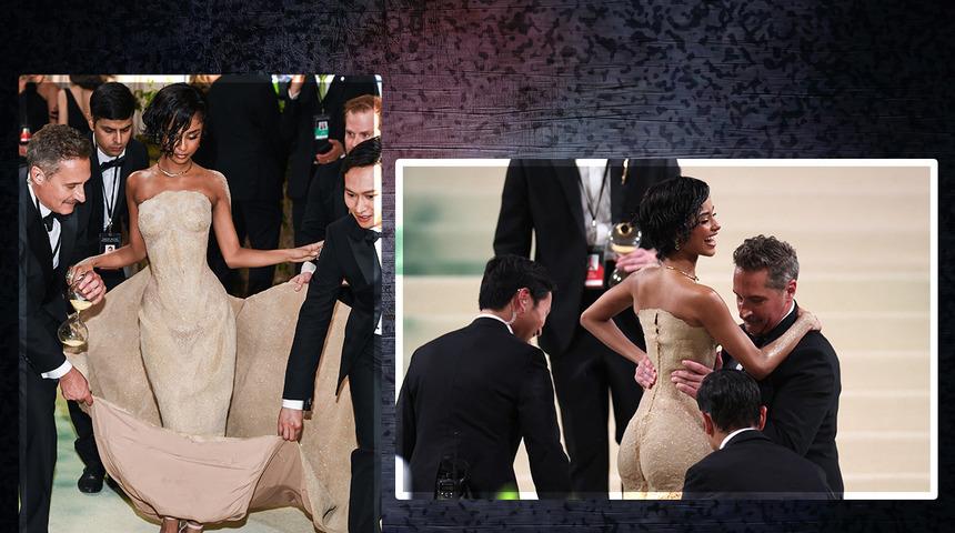 Kumdan elbisesiyle Met Gala'ya damga vurdu! Tyla, merdiven çıkamayınca kucakta taşındı 