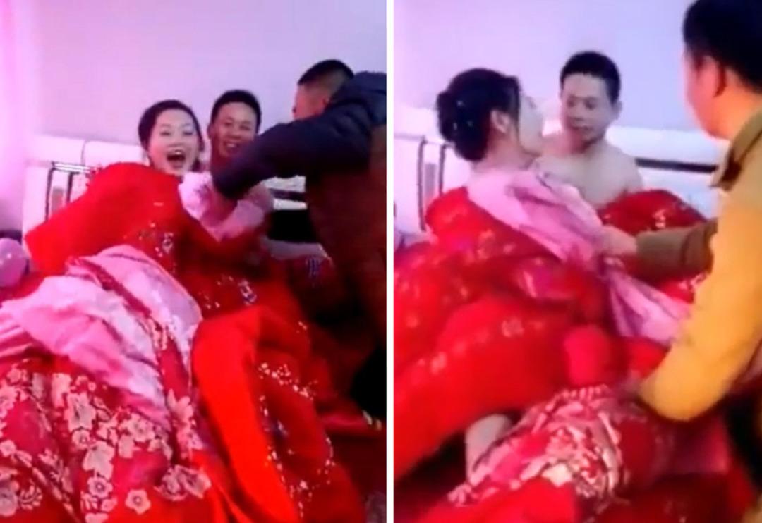 G&ouml;renleri şaşkına &ccedil;eviren o gelenek! Damadın arkadaşları odayı bastı... Zorla yorganı a&ccedil;ıp gelinin i&ccedil; &ccedil;amaşırını &ccedil;ekiştirdi