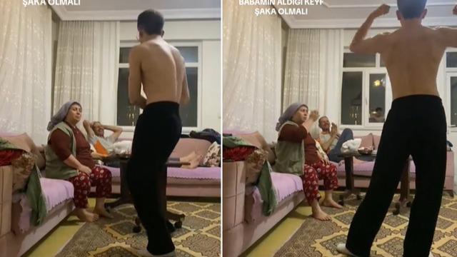 Anne ve babasının karşısına geçip kaslarını gösterdi! Ebeveynlerinin tepkisi komik anlar yarattı... Ev seksisi