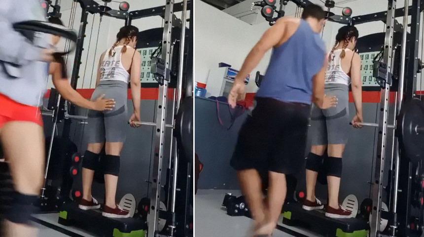 Spor salonundaki taciz anları saniye saniye kameraya yakalandı! Yanından geçerken genç kadının kalçasına dokundu