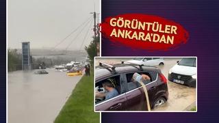 Suyla dolan araçların içini pet şişelerle boşaltmaya çalıştılar! Yer: Ankara... Caddeler göle döndü, arabalar suya gömüldü