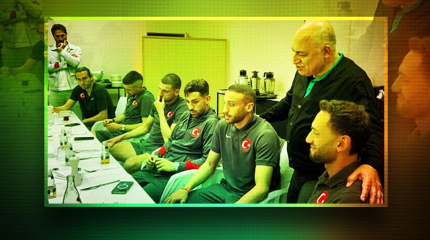 Portekiz ma&ccedil;ı &ouml;ncesi dikkat &ccedil;eken fotoğraf! TFF Başkanı Mehmet B&uuml;y&uuml;kekşi 'moral' i&ccedil;in geldi ama bir tek Hakan &Ccedil;alhanoğlu g&uuml;l&uuml;yordu