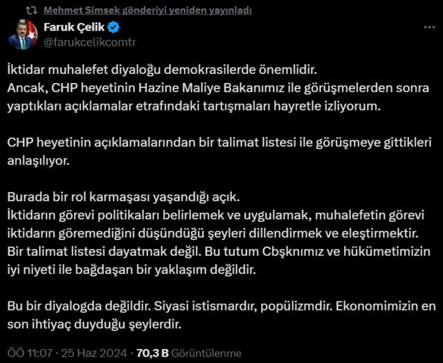  Mehmet Şimşek ile CHP heyetinin dünkü görüşmesi dikkatle takip edildi. Görüşmeye ilişkin Şimşek'in yeniden yayınladığı gönderi dikkat çekti. 640xauto