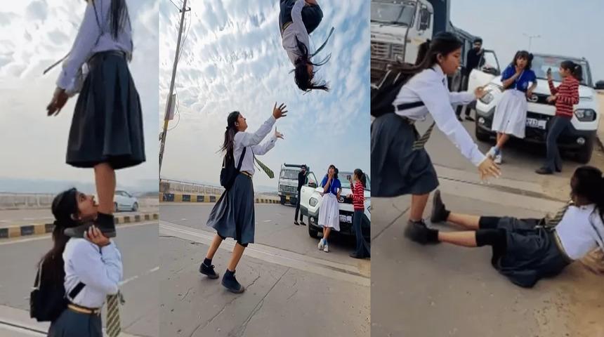 Kız öğrencilerin şakalaşması kabusla sonuçlandı! Geri takla girişimi başarısız olunca resmen yere çakıldı