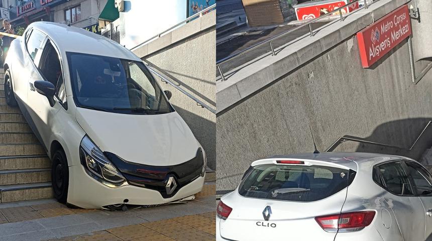 Bu işte bir terslik var! Metro istasyonunun girişine otomobil uçtu!