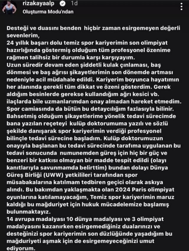 Hekim kontrolünde yasaklı madde tespit edilen Rıza Kayaalp Paris Olimpiyatları'ndan men edilmişti... İlk açıklama geldi 640xauto