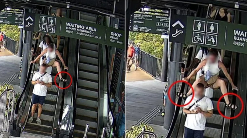 Yürüyen merdivende ilginç anlar! Tırabzanlara ayaklarını koyarak oturdu... Güvenlik kamerası görüntüleriyle ifşa edildi