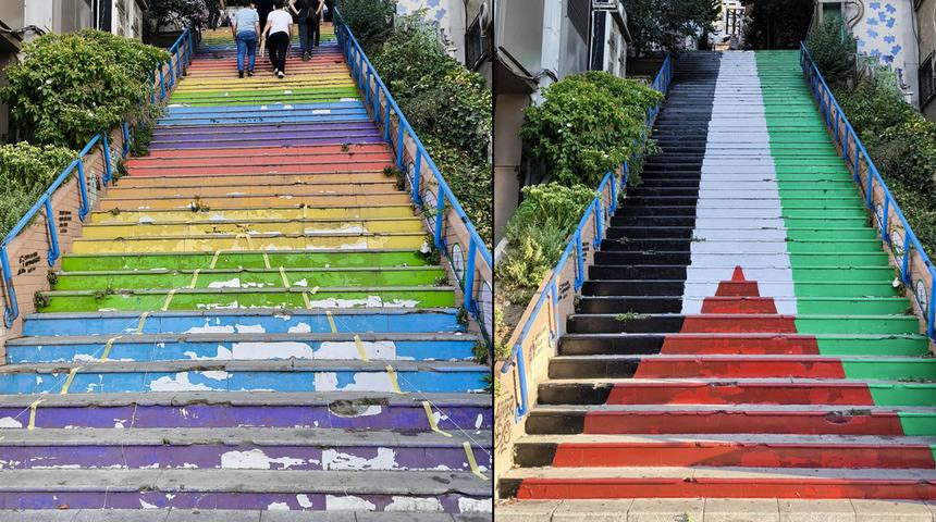 Cihangir merdivenleri artık bembeyaz! Filistin'e destek için boyamışlardı... Tartışma yaratan görüntü sonrası Beyoğlu Belediyesi son noktayı koydu