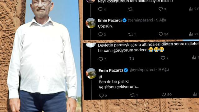 Emin Pazarcı'dan Bizim vergilerimizle geziyorsun, haram olsun yorumlarına tepki çeken yanıtlar: Pisliksin, çöpsün, sifonu çekiyorum