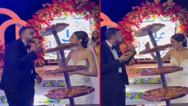 Gelin ve damat düğün pastası yerine pizza dağıttılar! Sosyal medyada gündem yaratan görüntüler... İstediğimiz düğün