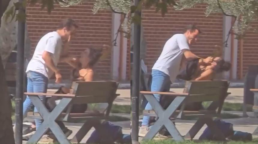 Herkesin gözü önünde kız arkadaşını darbetti! Arka arkaya yumruklar... Çevredekilerin tepkisi üzerine böyle kaçtı