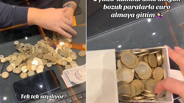 1 yıl boyunca biriktirdiği bozuk paralarla Euro almak istedi! Bir kumbara dolusu para sadece 5 Euro etti... Sonuca kendisi bile inanamadı