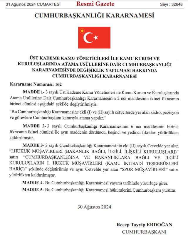 Üst kademe kamu yöneticileri ile kamu kurum ve kuruluşlarındaki atama usulleri önemli ölçüde değişti. Cumhurbaşkanı Erdoğan imzalı karar Resmi Gazete'de yayımlandı. Buna göre cumhurbaşkanının atama yetkisi genişledi. 640xauto