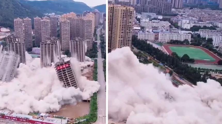 İnşaat şirketi iflas edince gökdelenlerden oluşan site saniyeler içinde yerle bir edildi! Yıllardır tamamlanamayınca çözümü böyle buldular 