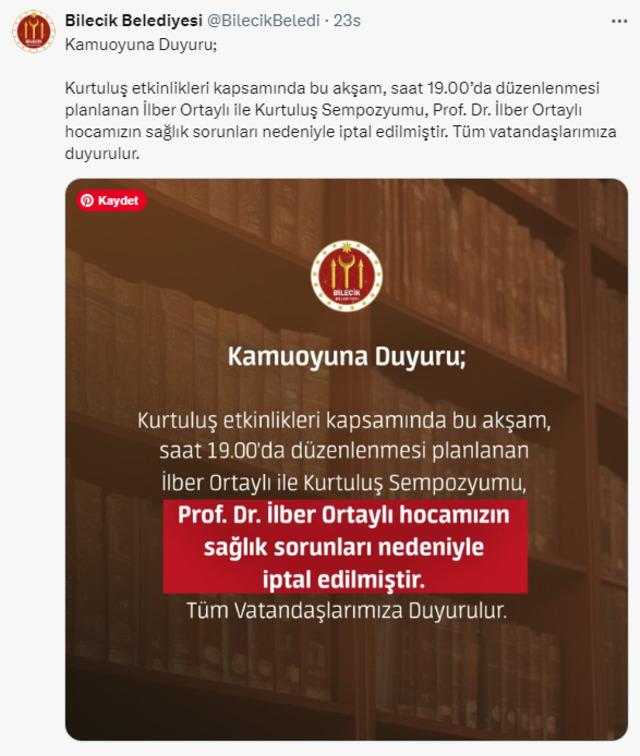 Tarihçi Prof. Dr. İlber Ortaylı sağlık sorunları nedeniyle hastaneye kaldırıldı. Ortaylı'nın Bilecik'in düşman işgalinden kurtuluşunun 102. yılı etkinlikleri kapsamında düzenlenen sempozyuma katılması bekleniyordu. Sempozyumun Ortaylı'nın sağlık sorunları 640xauto