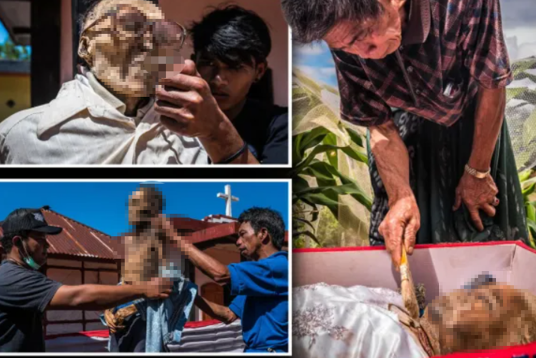 Endonezya'da bir garip rit&uuml;el! &Ouml;l&uuml; akrabalarını mezarlarından &ccedil;ıkartıp &ouml;nce giydirdiler... Sonra kare kare poz verdiler