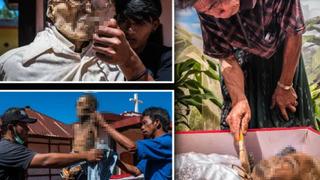 Endonezya'da bir garip ritüel! Ölü akrabalarını mezarlarından çıkartıp önce giydirdiler... Sonra kare kare poz verdiler