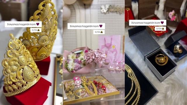 Yeni doğan bebeğin takı koleksiyonu görenleri şaşkına çevirdi! Altından emzik, taç, künye, kolye... 