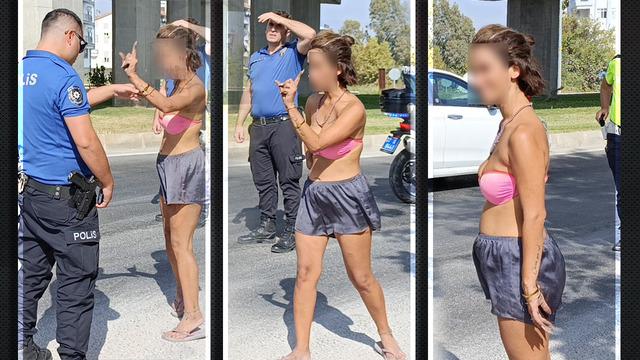 Bikinisiyle trafiği altüst etti! Polislere demediğini bırakmadı: Sizi Ağrı'ya sürdürürüm