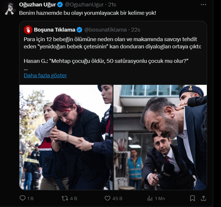 Ünlü isimler Yenidoğan bebek çetesi skandalıyla çileden çıktı! "Para için küçücük bebeklere kıyan bu şeref yoksunu mahluklar..." G1