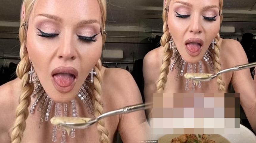 Kimse anlam veremedi! Madonna bi yandan yemek yedi bi yandan göğüslerini tuttu