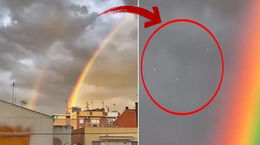 Çift gökkuşağının yanında beliren ışıklar sosyal medyada çok konuşuldu! Sel felaketinden sadece birkaç gün önce göründü