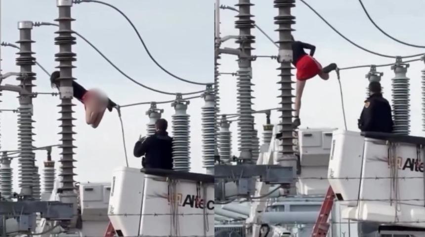 Böylesi daha önce ne görüldü ne de duyuldu! Yüksek gerilim direğinde "direk dansı" yapan kadın 800 haneyi etkiledi: Anbean kaydedildi