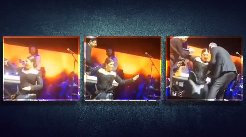 Sibel Can sahnede fena düştü! 2 kişi zor kaldırdı