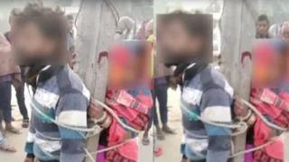 Tepki çeken görüntüler! Elektrik direğine bağlanan çift halkın gözü önünde dövüldü... Çığlık sesleri mahalleyi inletti