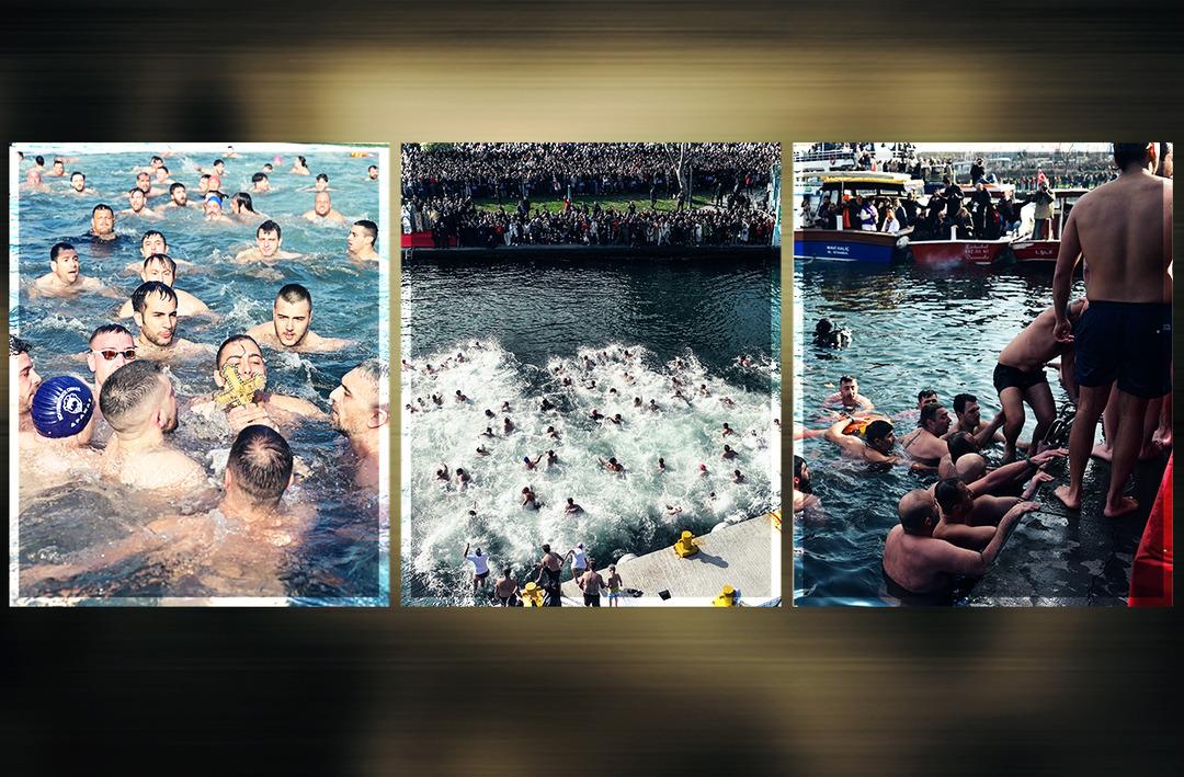 İstanbullular da yabancı turistler de g&ouml;z&uuml;n&uuml; ayıramadı: Birdenbire buz gibi suya atladılar! Hali&ccedil;'te ha&ccedil; &ccedil;ıkarma t&ouml;reninden renkli g&ouml;r&uuml;nt&uuml;ler