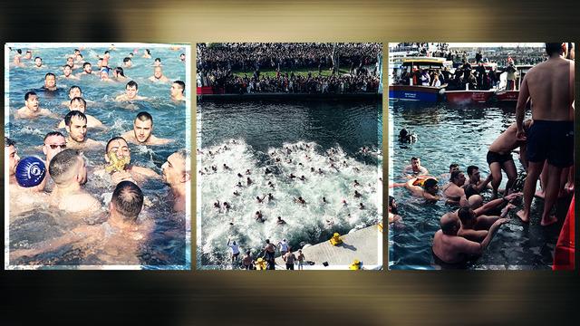 İstanbullular da yabancı turistler de gözünü ayıramadı: Birdenbire buz gibi suya atladılar! Haliç'te haç çıkarma töreninden renkli görüntüler