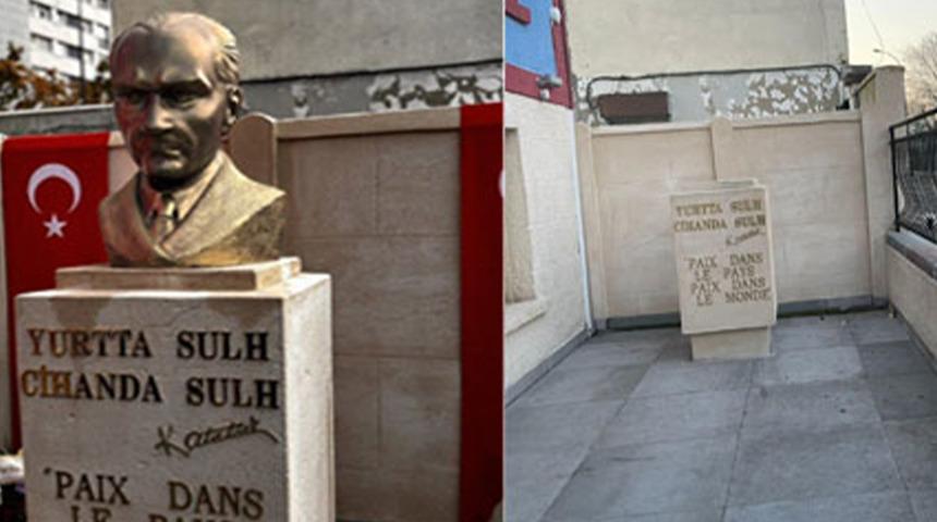 Paris'te Atatürk büstüne saldırı! Paris Trabzonlular derneğinin hayata geçirdiği büste PKK terör örgütü lehine sloganlar yazıldı