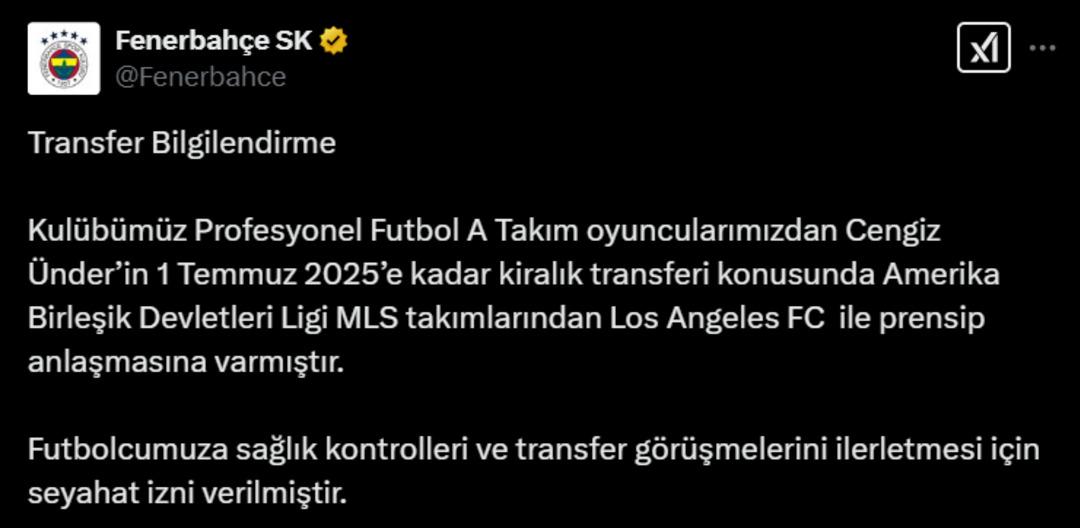 Fenerbahçe resmen duyurdu! Cengiz Ünder Los Angeles FC ye kiralandı 3